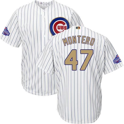 Cubs #47 Miguel Montero White(Blue Strip) Gold Program Cool Base Stitched MLB Jersey - Click Image to Close